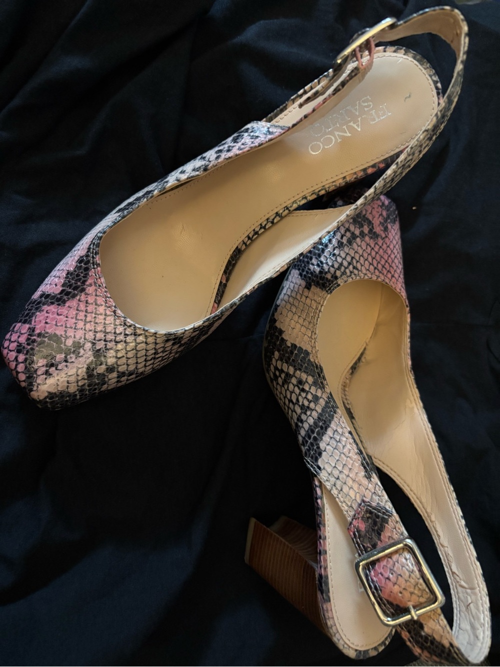 Franco Sarto Pink faux Snake-Print Slingback Block Heels